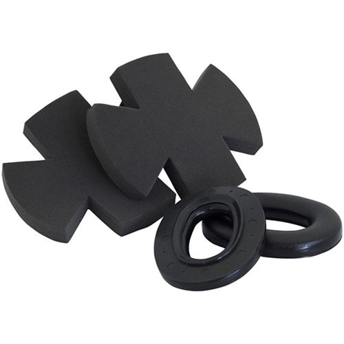 Black rubber gaskets and washers on a white background