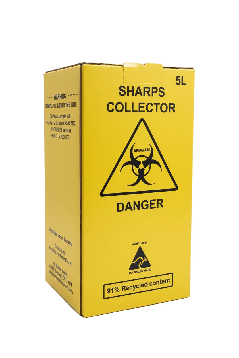 5 litre sharps collector biohazard waste container for safe disposal of needles and medical waste.
