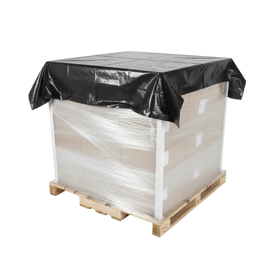 Box on a pallet with black plastic wrap
