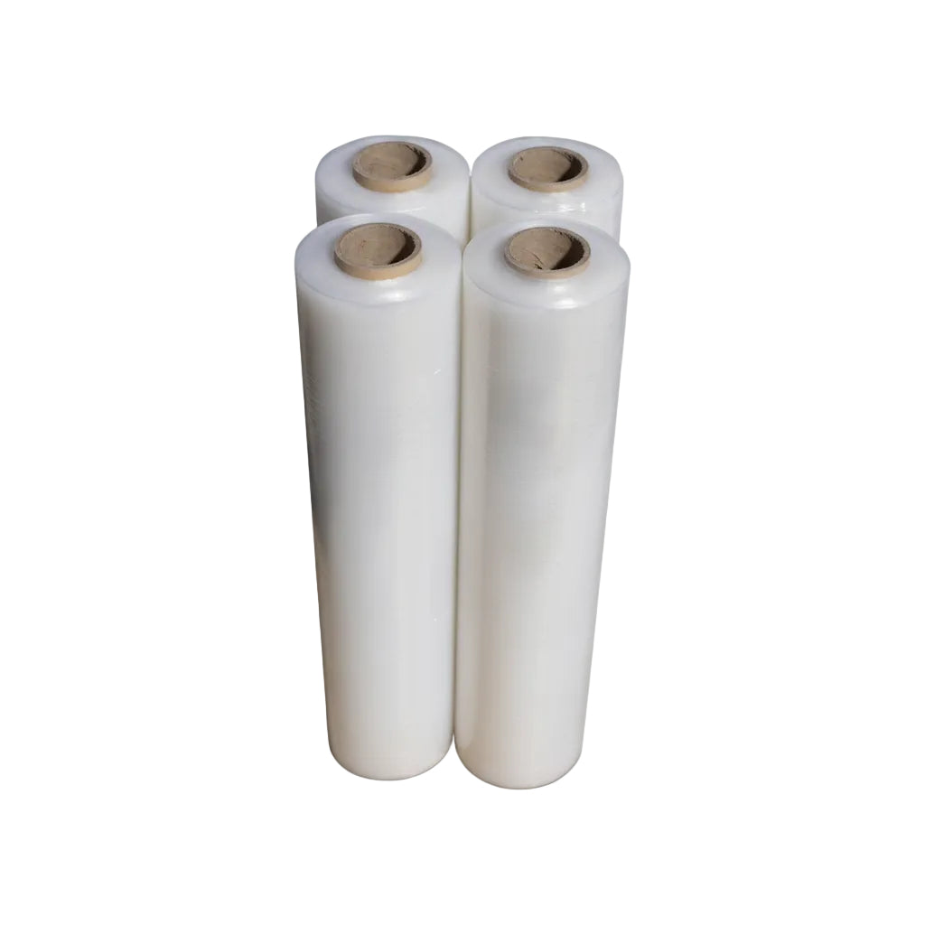 Four rolls of white plastic sheeting on a white background