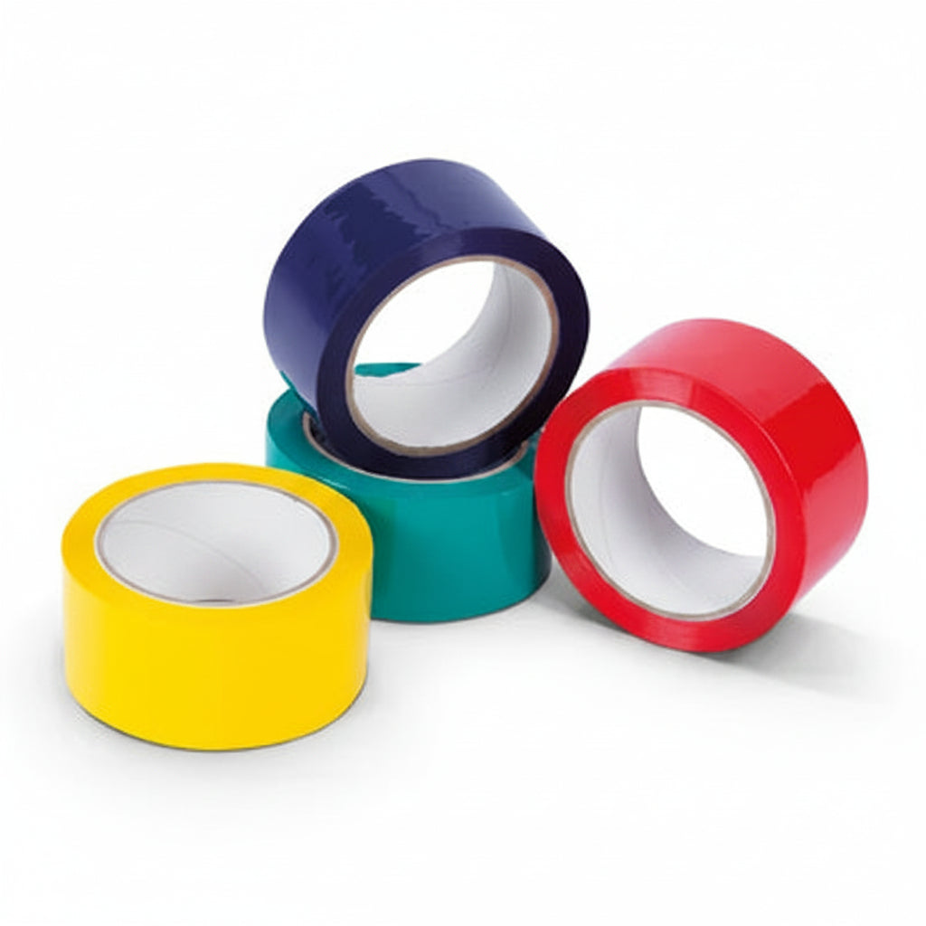 Four rolls of IMPAK coloured packaging tape in yellow, teal, navy, and red, arranged on a white background.