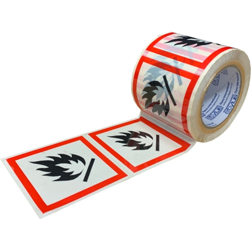DG Flammables Label Tape 100mm x 100mm (500/Roll)