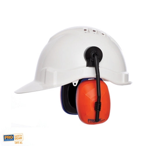 White hard hat with orange ear defenders on a white background, featuring Pro Safety Gear logo.