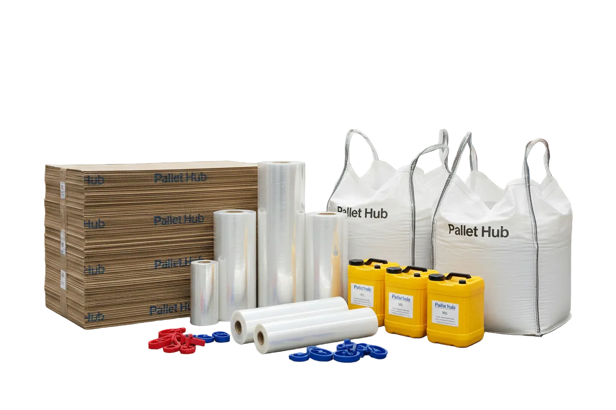 A collection of industrial packaging products used to secure, protect, and stabilise goods during storage, transport, and shipping — including stretch film, bundling film, cardboard sheets, bulk bags, container seals, builders film, and safety containers.