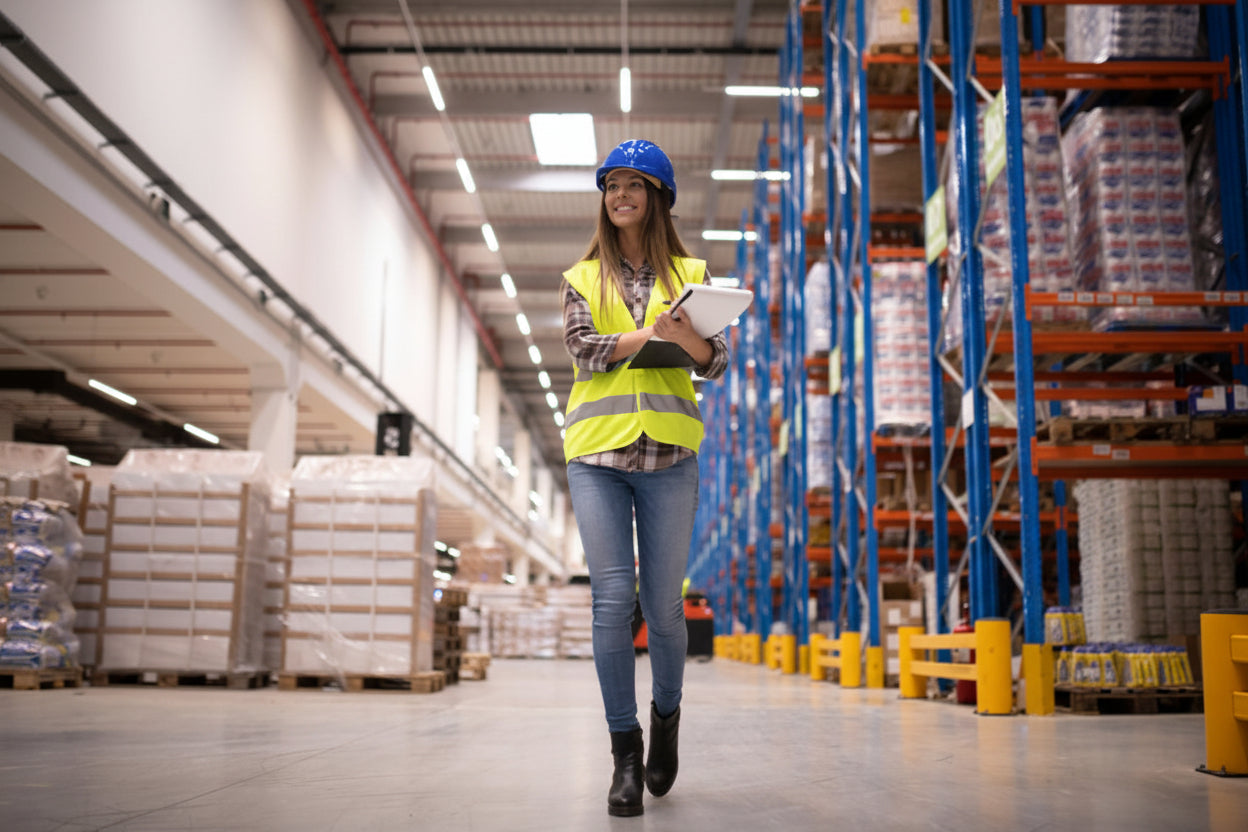 Person in a warehouse wearing a safety vest and hard hat, holding a tablet.
