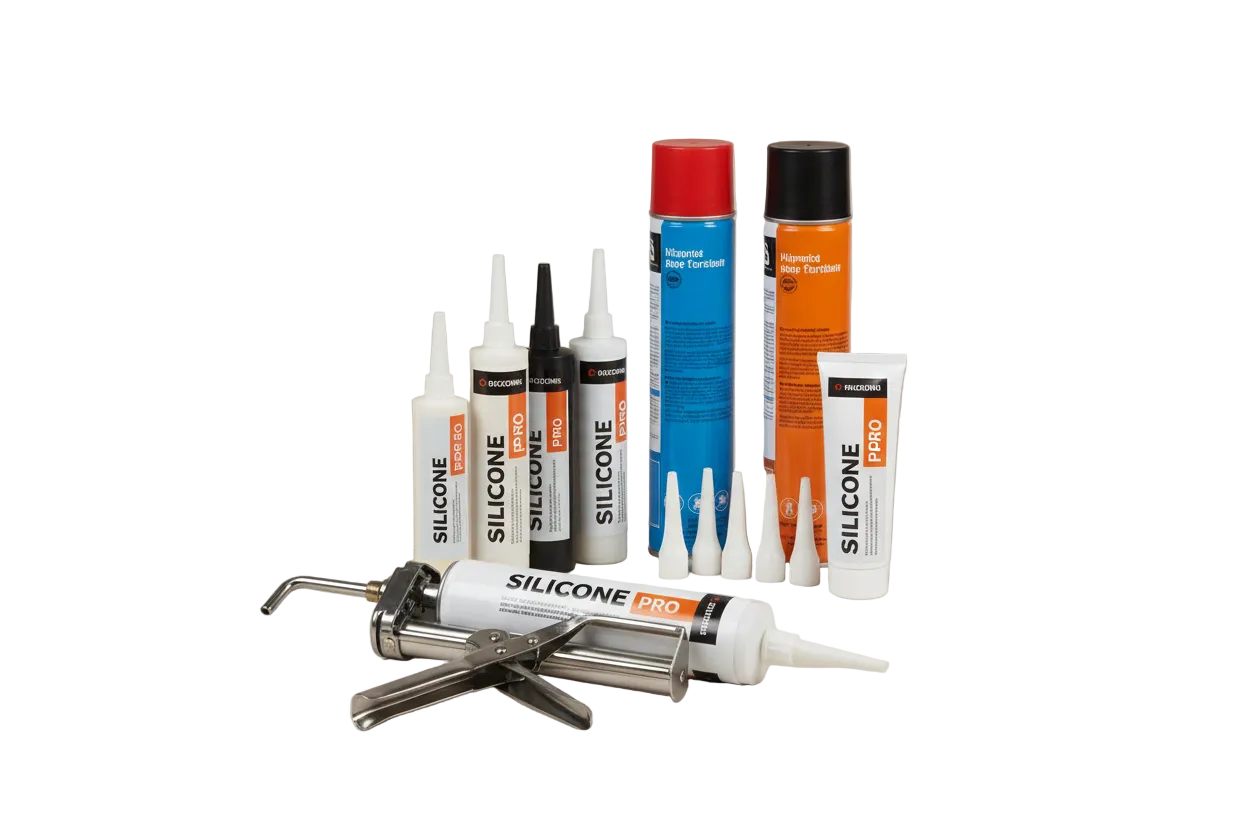 Silicones and sealants including expanding foam and glazing silicone applied to windows, walls, and building surfaces for construction and maintenance.