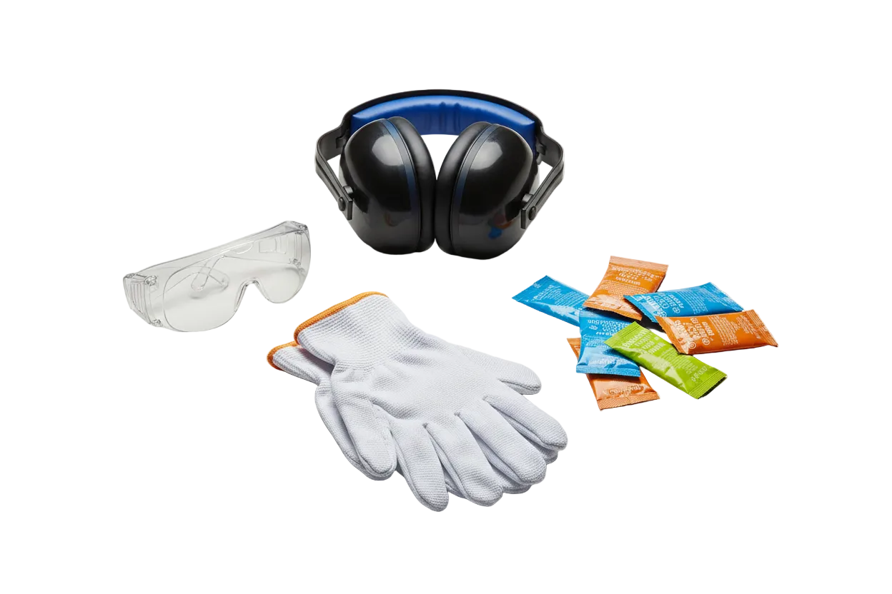 Workplace PPE safety equipment including protective gloves, safety goggles, hearing protection earmuffs, and heat stress hydration sachets.